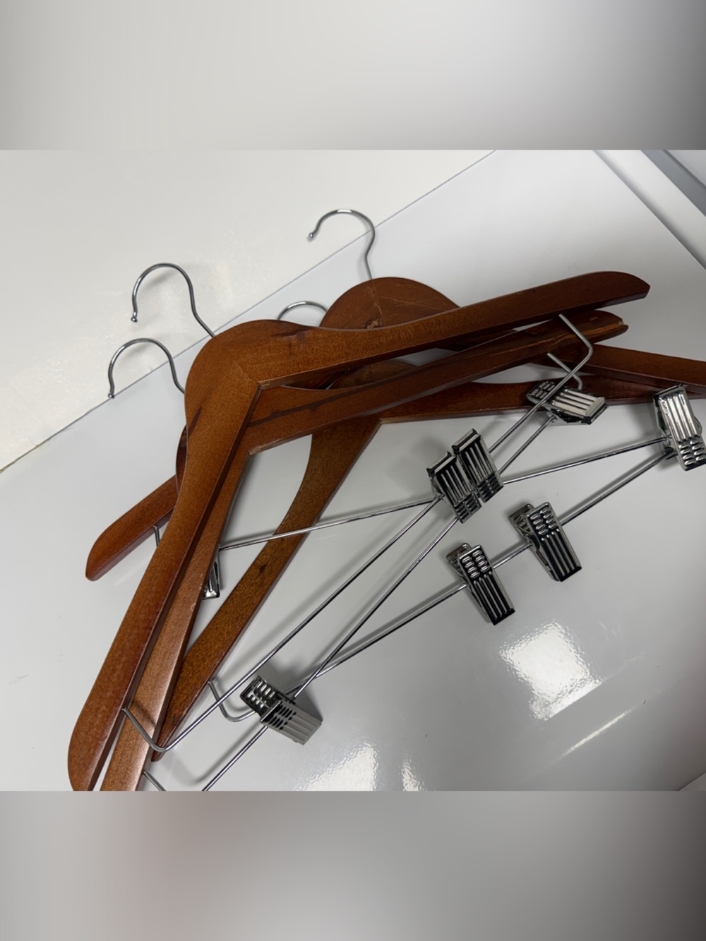 Wooden Suit & Pant Hanger Set - Brown and Silver - Set of 4 LIKE NEW Pants Clips